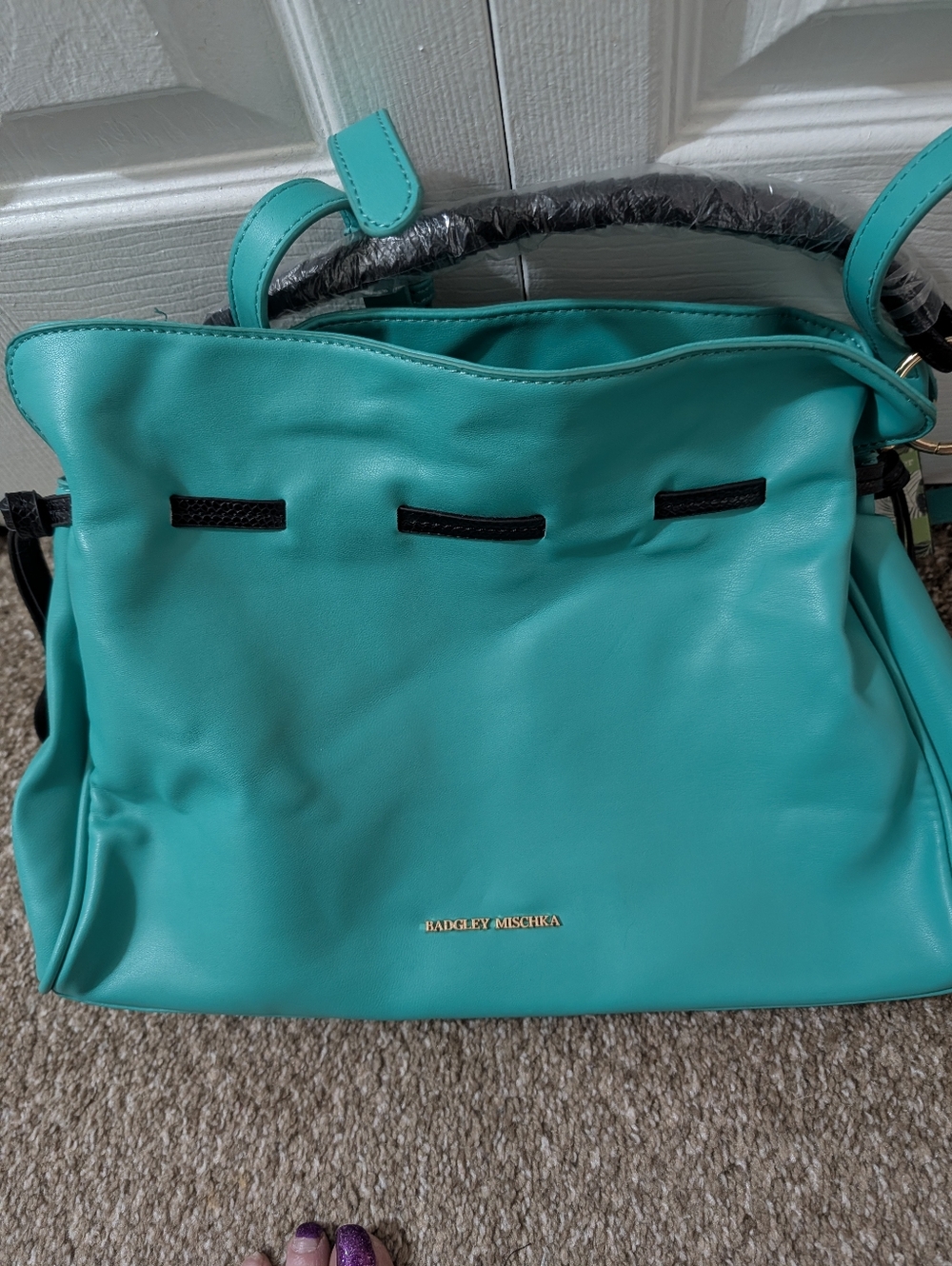 Badgley Mischka Turquoise Shoulder Bag with Gold Logo